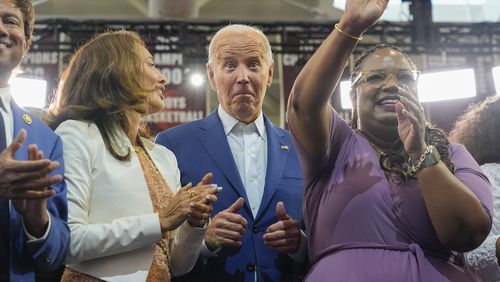 President Joe Biden on stage with supporters after speaking at Renaissance High School, Friday, July 12, 2024, during a campaign event in Detroit. (AP Photo/Jacquelyn Martin)