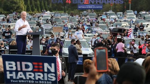 Democratic presidential candidate Joe Biden speaks at a drive-in rally event at the amphitheater at Lakewood during his October visit to Georgia. Georgia is set to officially award its 16 electoral votes to Biden when the Electoral College meets Monday. (Curtis Compton/Atlanta Journal-Constitution/TNS)