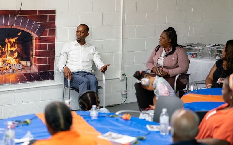 District 12 Atlanta City Councilman Antonio Lewis speaks to the room. An Mothers Against Gang Violence hold a meeting to speak about outreach and reducing crime in the community. Wednesday, September 4, 2024 (Ben Hendren for the Atlanta Journal-Constitution)