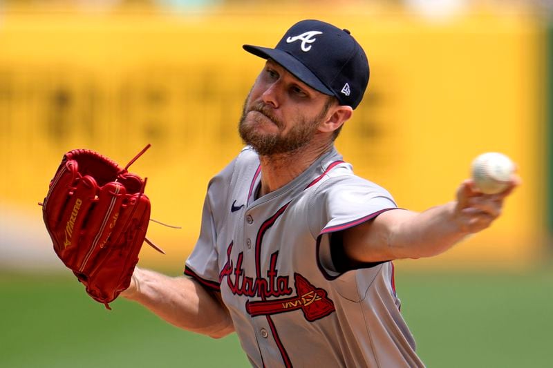Atlanta Braves starting pitcher Chris Sale delivers during the first inning of a baseball game against the Pittsburgh Pirates in Pittsburgh, Sunday, May 26, 2024. (AP Photo/Gene J. Puskar)
