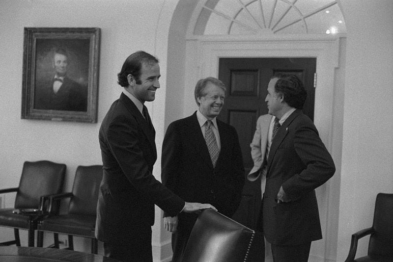 In this picture is from June 14, 1977, Sen. Joe Biden (left) with President Carter (center) and someone else from the Delaware delegation.