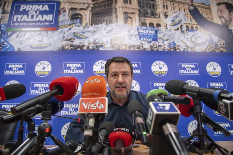 League leader Matteo Salvini comments on early European election results at League headquarters in via Bellerio, Milan, Italy, early Monday, June 10, 2024 (Claudio Furlan/LaPresse via AP)