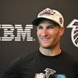 Atlanta Falcons quarterback Kirk Cousins (18) answers questions after day 1 of Atlanta Falcons Training Camp on Thursday, July 25, 2024 in Flowery Branch. (Hyosub Shin / AJC)