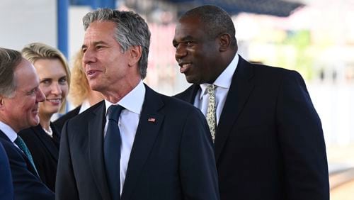 British Foreign Secretary David Lammy, right. and US Secretary of State, Anthony Blinken arrive at Kyiv train station Wednesday, Sept. 11, 2024 in Kyiv, Ukraine. The British Foreign Secretary joined his American counterpart on a visit to Ukraine to discuss the country's military needs in its fight against Russia. (Leon Neal/Pool via AP)