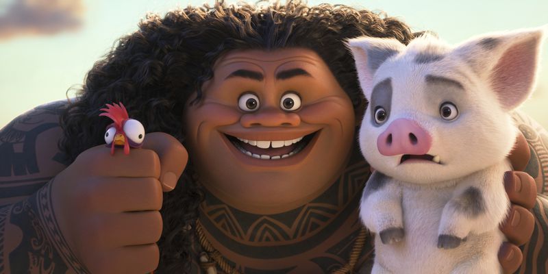 This image released by Disney shows Maui, voiced by Dwayne Johnson, center, and Heihei the rooster, voiced by Alan Tudyk, left, and Pua the pig, in a scene from "Moana 2." (Disney via AP)