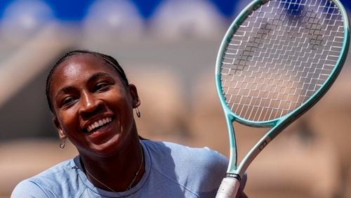 Coco Gauff of the U.S. attends a practice session ahead of the tennis competition, at the 2024 Summer Olympics, Thursday, July 25, 2024, in Paris, France. (AP Photo/Manu Fernandez)