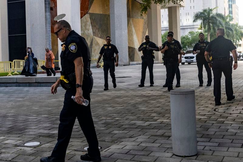 Police officers with the Department of Homeland Security outside the Wilkie D. Ferguson Jr. U.S. Courthouse in Miami on Tuesday morning, June 13, 2023. (Christian Monterrosa/The New York Times)
                      