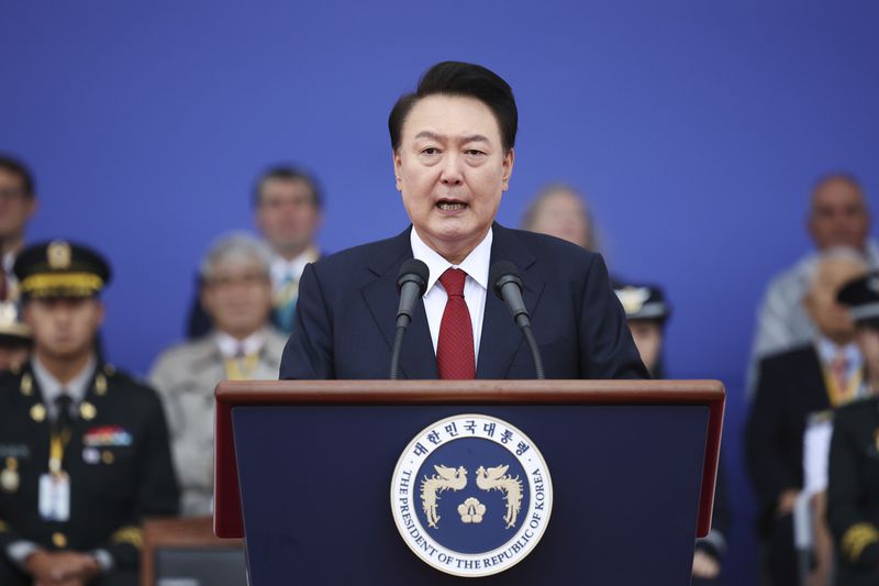 South Korean President Yoon Suk Yeol delivers his speech during a celebration to mark the 76th anniversary of Korea Armed Forces Day in Seongnam, South Korea Tuesday, Oct. 1, 2024. (Kim Hong-Ji/Pool Photo via AP)