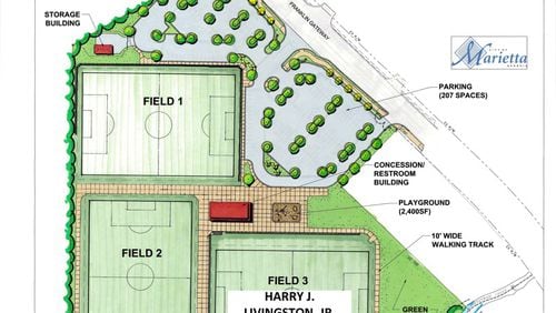 Marietta’s Franklin Gateway Sports Complex, with three soccer fields, will open Aug. 24 near the pro soccer headquarters of Atlanta United. Courtesy of Marietta