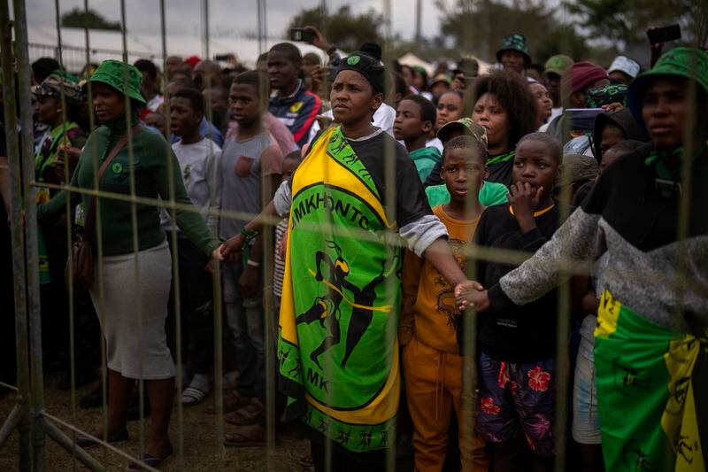 Supporters of Ukhonto weSizwe party attend an election meeting in Mpumalanga, near Durban, South Africa, Saturday, May 25, 2024, in anticipation of the 2024 general elections scheduled for May 29. (AP Photo/Emilio Morenatti)