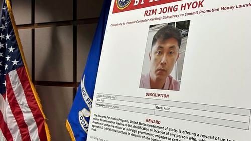 Federal prosecutors announced Thursday, July 25, 2024, that they have indicted a North Korean national in a conspiracy to hack hospitals, military bases and NASA, in Kansas City, Kan. Rim Jong Hyok is wanted by the FBI. (AP Photo/Nick Ingram)