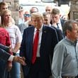 Former President Donald Trump and arrive at their Oct. 4 news conference about Hurricane Helene at the Columbia Performing Arts Center in Evans, Georgia. (Hyosub Shin/The Atlanta Journal-Constitution)