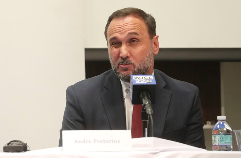 Republican district attorney candidate Andre Pretorius responds to a question during the League of Women Voters of Coastal Georgia candidate forum with incumbent Democratic District Attorney Shalena Cook Jones on Monday, Sept. 16, 2024, at the Coastal Georgia Center in Savannah, Ga. (Richard Burkhart/Savannah Morning News via AP)