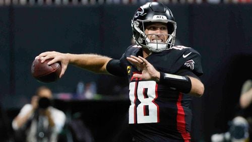 Atlanta Falcons quarterback Kirk Cousins (18) prepares a pass during the second half of an NFL football game against the Pittsburgh Steelers on Sunday, Sept. 8, at Mercedes-Benz Stadium in Atlanta. 
(Miguel Martinez/ AJC)