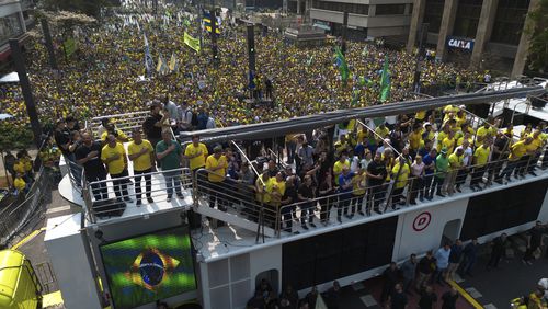 Demonstrators take part in a protest calling for the impeachment of Supreme Court Minister Alexandre de Moraes, who recently imposed a nationwide block on Elon Musk's social media platform X, in Sao Paulo, Saturday, Sept. 7, 2024. (AP Photo/Ettore Chiereguini)