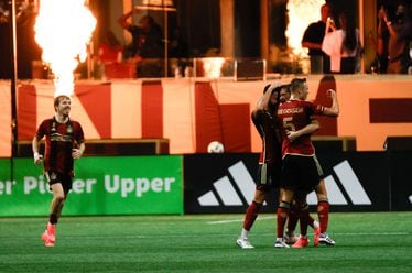 Atlanta United players celebrate after midfielder Alexey Miranchuk scores in the second half against Inter Miami at Mercedes-Benz Stadium on Wednesday, September 18, 2024, in Atlanta. The teams tied 2-2. 
(Miguel Martinez/ AJC)