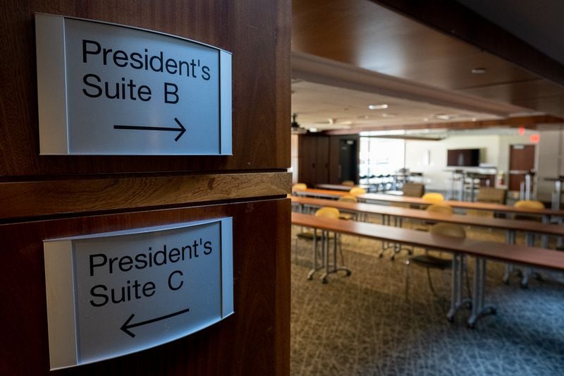The president’s suite, normally used for special guests watching Georgia Tech football games, has been converted into a classroom. About 20 “novel instructional spaces” have been created to add capacity for in-person classes. BEN GRAY FOR THE ATLANTA JOURNAL-CONSTITUTION