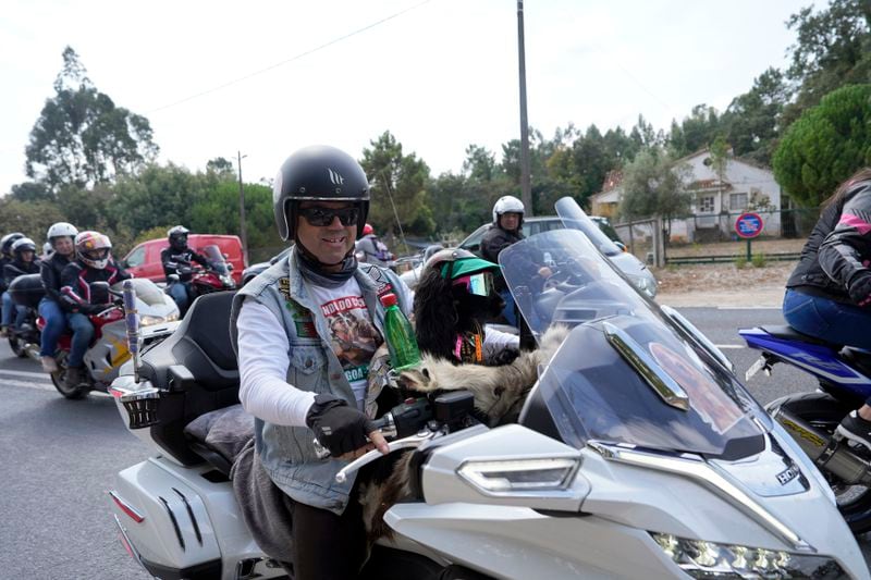 A motorcyclist carries his pet, equipped with helmet and goggles, leaving after attending the IX Pilgrimage of the Blessing of Helmets at the Roman Catholic holy shrine of Fatima, in Fatima, Portugal, Sunday, Sept. 22, 2024. (AP Photo/Ana Brigida)