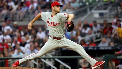 Philadelphia Phillies starting pitcher Zack Wheeler delivers to an Atlanta Braves batter during the third inning at Truist Park Monday, May 23, 2022, in Atlanta. (Jason Getz / Jason.Getz@ajc.com)