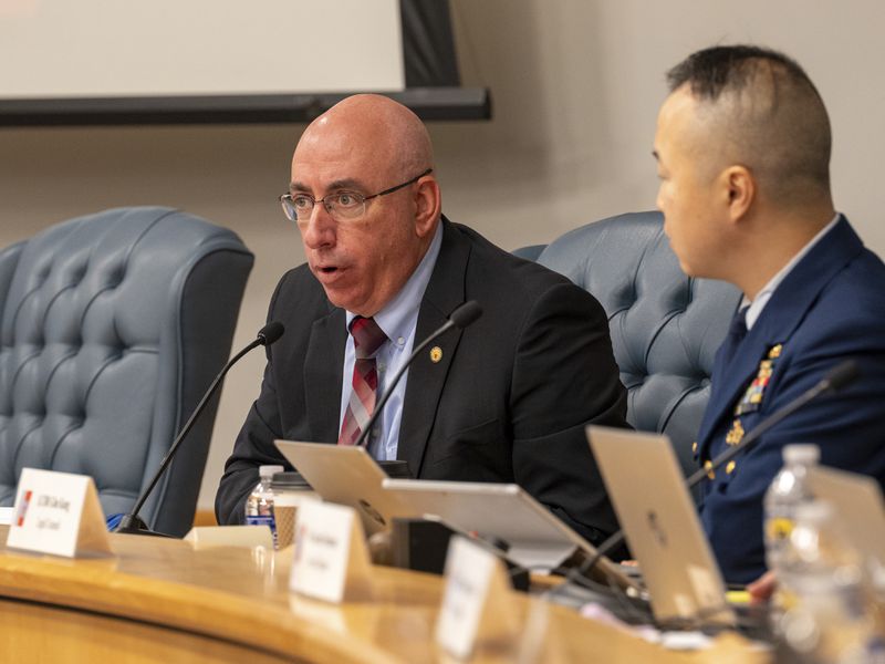 Marcel Muise, NTSB questions Amber Bay, Former OceanGate Director of Administration at the Titan marine board of investigation hearing inside the Charleston County Council Chambers Tuesday, Sept. 24, 2024, in North Charleston, S.C. (Corey Connor via AP, Pool)