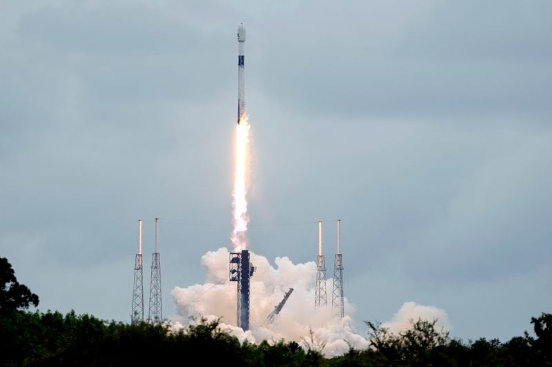 A SpaceX Falcon 9 rocket lifts off from the Cape Canaveral Space Force Station, Monday, Oct. 7, 2024 at Cape Canaveral, Fla., carrying a European spacecraft to an asteroid. (AP Photo/John Raoux)