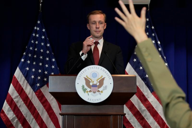 White House national security adviser Jake Sullivan speaks during a press conference at the end of his visit at the U.S. embassy in Beijing, Thursday, Aug. 29, 2024. (AP Photo/Ng Han Guan)