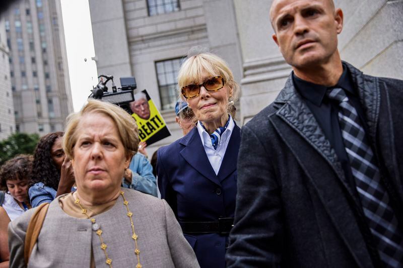 E. Jean Carroll exits the New York Federal Court after former President Donald Trump appeared in court, Friday, Sept. 6, 2024, in New York. (AP Photo/Eduardo Munoz Alvarez)