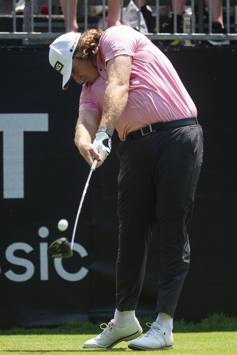 Neal Shipley tees off to begin the third round of the PGA Rocket Mortgage Classic golf tournament, Saturday, June 29, 2024, at the Detroit Golf Club in Detroit. (Katy Kildee/Detroit News via AP)