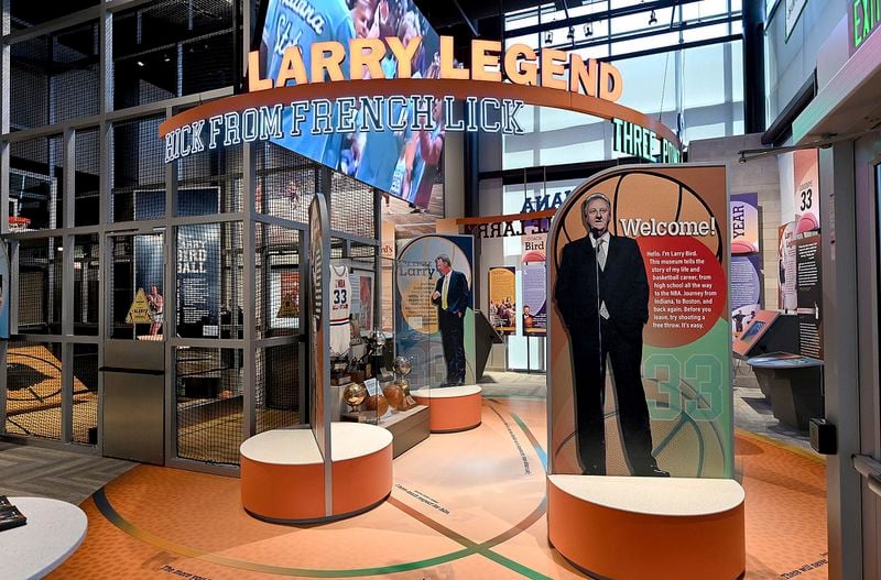 Items are displayed at the entrance to the Larry Bird Museum inside of the Terre Haute Convention Center during the grand opening ceremony Thursday, May 30, 2024, in Terre Haute, Ind. (Joseph C. Garza/The Tribune-Star via AP)