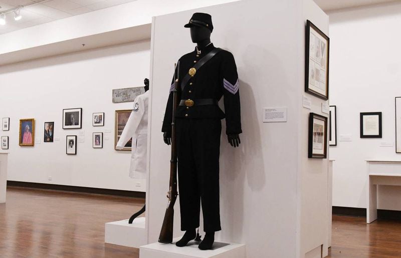 A 1864 Union Army Uniform sits in the Untold Stories exhibit at the Tubman African American Museum on Tuesday, June 18, 2024, in Macon, Georgia. The uniform, originally belonging to Lonnie Davis, represents the Georgia African Brigade, three Black Union regiments that organized in Macon during the Civil War. (Photo Courtesy of Katie Tucker)