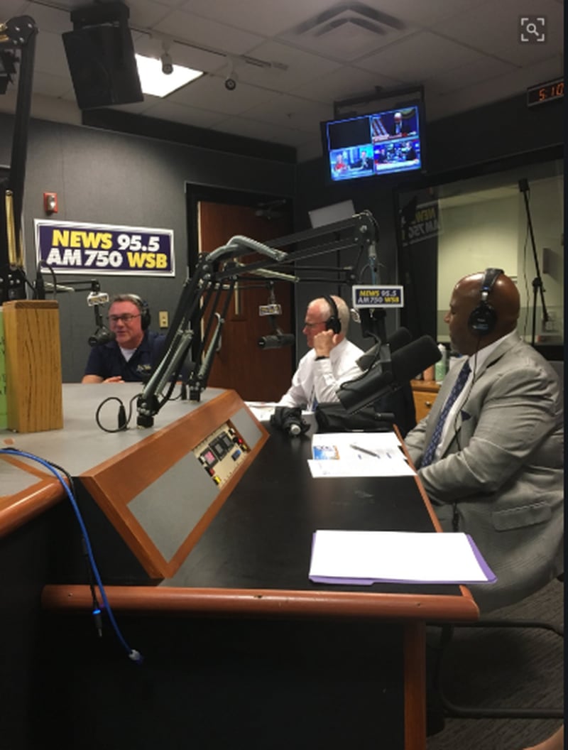 Doug Turnbull (not pictured), Smilin’ Mark McKay, GDOT Commissioner Russell McMurry, and SRTA/Xpress Executive Director Chris Tomlinson discuss the new lanes on I-75 and I-575 during a recent episode of Atlanta’s Evening News on News 95.5/AM750 WSB.