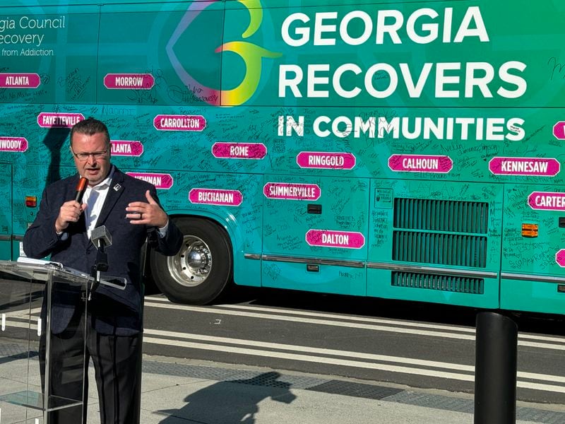 Kevin Tanner spoke during the kickoff event for a statewide bus tour to raise awareness of substance abuse addiction and recovery.