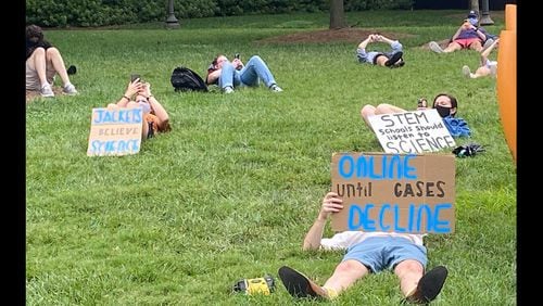 About three dozen students held a "die-in" demonstration on Monday, Aug. 17, 2020 on Georgia Tech's campus to protest its plans for in-person learning for the fall semester. The protesters say the school should conduct online learning until there's a significant reduction in COVID-19 cases in Georgia. ERIC STIRGUS/ERIC.STIRGUS@AJC.COM.