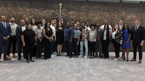 Participants and leaders of the the Technology and Innovation Learning Experience (TILE) program on Monday, June 3, 2024 at Atlanta City Hall. The program gives college entrepreneurs funding, mentorship and training.