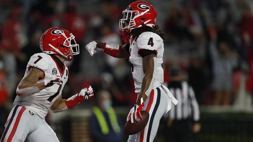 Georgia running back James Cook (4) during the Bulldogs' game with Alabama in Tuscaloosa, Ala., on Saturday, Oct. 17, 2020. (Photo by Skylar Lien)