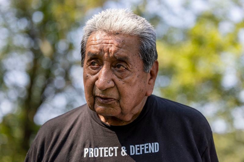 George Thompson, who is the Mekko, a ceremonial leader, of Hickory Ground in the Muscogee Nation, discusses the issues involving a dispute between the Muscogee Nation of Oklahoma and the Poarch Band of Alabama, Tuesday, Sept. 24, 2024, in Wetumoka, Ala.(AP Photo/Vasha Hunt)