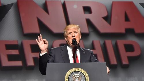 April 29, 2017 Atlanta - President Donald Trump speeks during NRA-ILA Leadership Forum at Georgia World Congress Center on  Friday, April 29, 2017. NRA-ILA Leadership Forum with keynote speaker President Donald J. Trump Guest Speakers. HYOSUB SHIN / HSHIN@AJC.COM