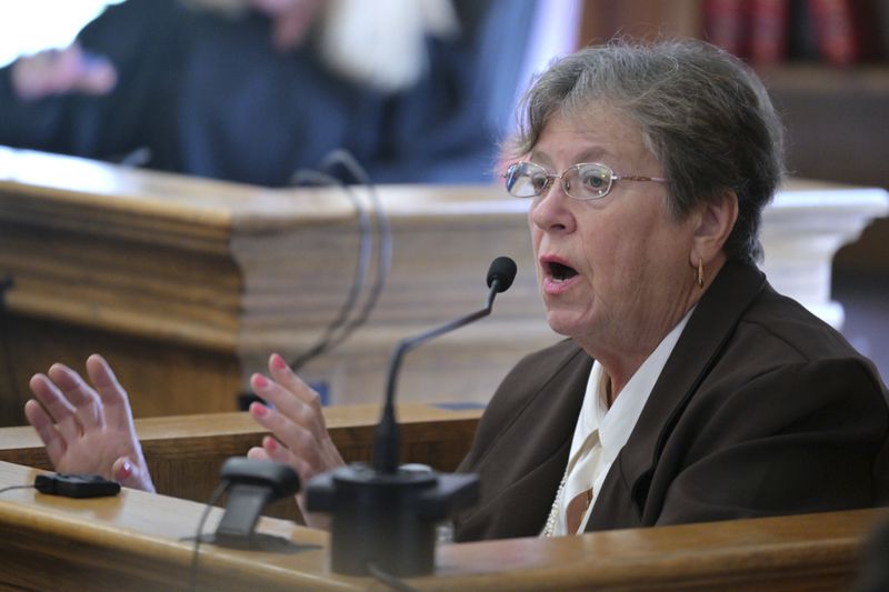 Dr. Marie Russell, a retired emergency room physician describes her educational and professional experience during Karen Read's trial in Norfolk Superior Court, Friday, June 21, 2024, in Dedham, Mass. (AP Photo/Josh Reynolds, Pool)