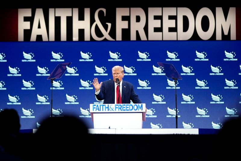 Republican presidential candidate former President Donald Trump speaks at the Road to Majority conference in Washington, Saturday, June 22, 2024. (AP Photo/Manuel Balce Ceneta)