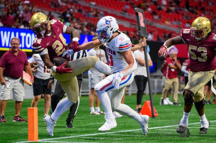 Brayden Tyson, running back for Brookwood, just misses the end zone. (Jamie Spaar for the Atlanta Journal Constitution)