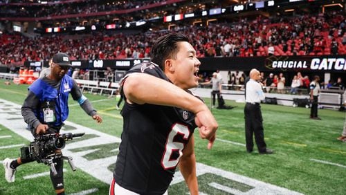 Atlanta Falcons kicker Younghoe Koo reacts as he leaves the field after kicking the game-winning 58-yard field goal with seconds left in a 26-24 win over the New Orleans Saints on Sunday, Sept. 29, at Mercedes-Benz Stadium in Atlanta. 

(Miguel Martinez/ AJC)