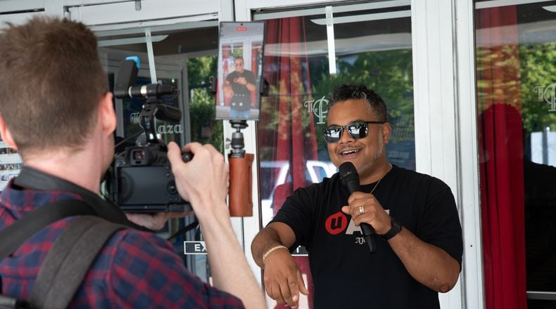 UATL senior editor Mike Jordan outside Atlanta's Plaza Theatre during UATL's Black Culture Movie Night screening of "Love & Basketball" on June 25, 2024.