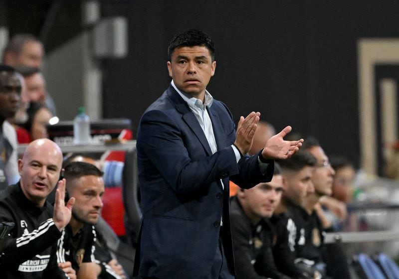 Atlanta United manager Gonzalo Pineda reacts during the first half in a MLS soccer match at Mercedes-Benz Stadium, Saturday, May 25, 2024, in Atlanta. Los Angeles FC won 1-0 over Atlanta United. (Hyosub Shin / AJC)