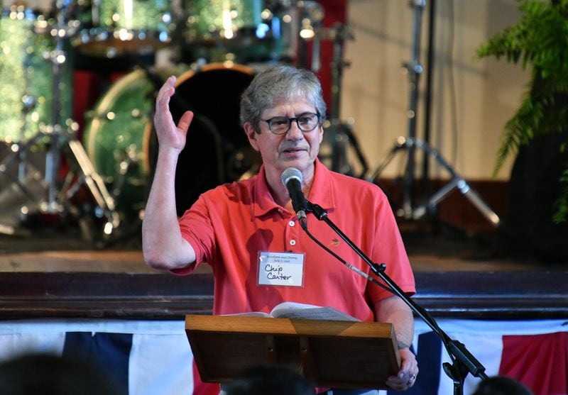 Chip Carter, son of former U.S. President Jimmy Carter and former first lady Rosalynn Carter, speaks during their 75th wedding anniversary celebration at Plains High School on July 10, 2021. (Hyosub Shin/AJC)