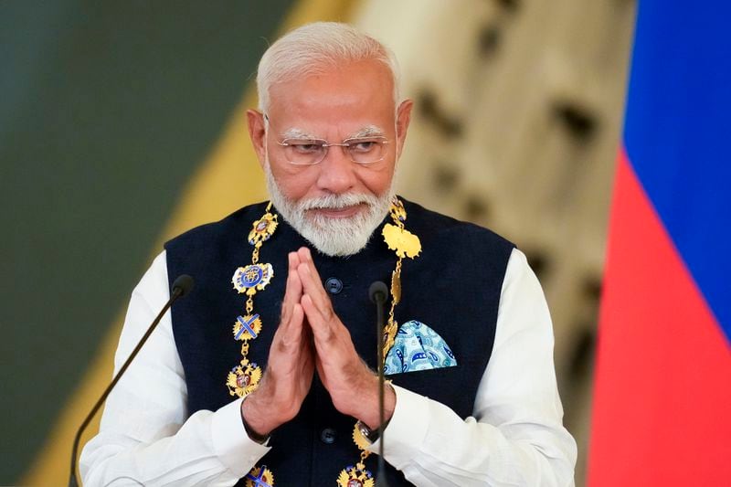 Indian Prime Minister Narendra Modi gestures while speaking after being awarded the Order of St. Andrew the Apostle the First-Called by Russian President Vladimir Putin, at the Kremlin in Moscow, Russia, Tuesday, July 9, 2024. (AP Photo/Alexander Zemlianichenko)