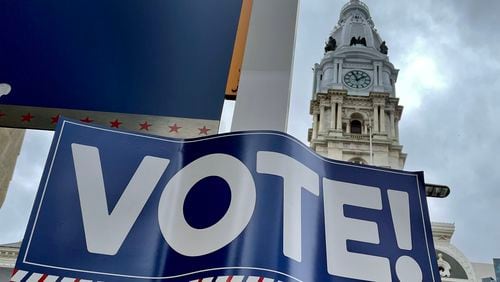 An Election Day sign near City Hall on Nov. 6, 2022, in Philadelphia. (Tom Gralish/The Philadelphia Inquirer/TNS)