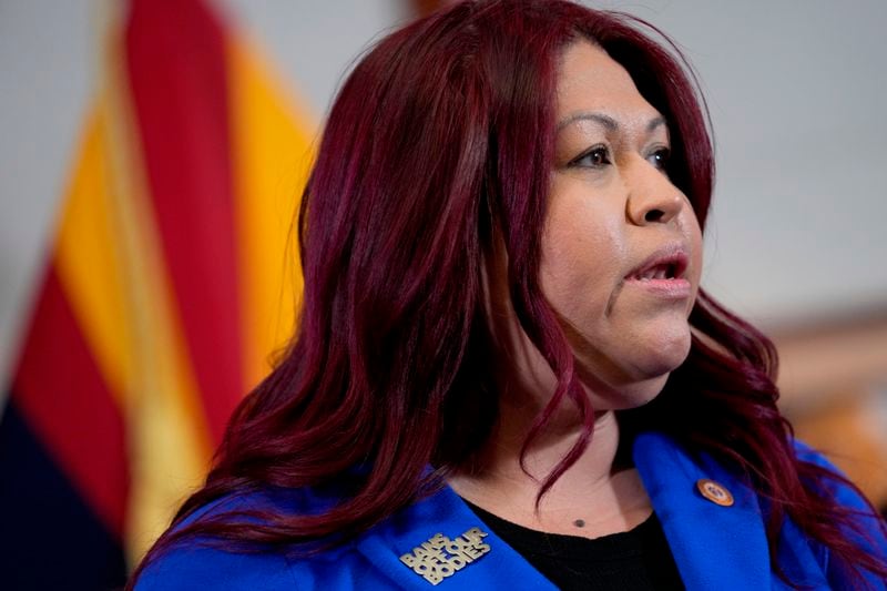 FILE - Arizona Sen. Anna Hernandez, D-District 24, speaks prior to Arizona Gov. Katie Hobbs signing the repeal of the Civil War-era near-total abortion ban on May 2, 2024, at the state Capitol in Phoenix. (AP Photo/Matt York, File)