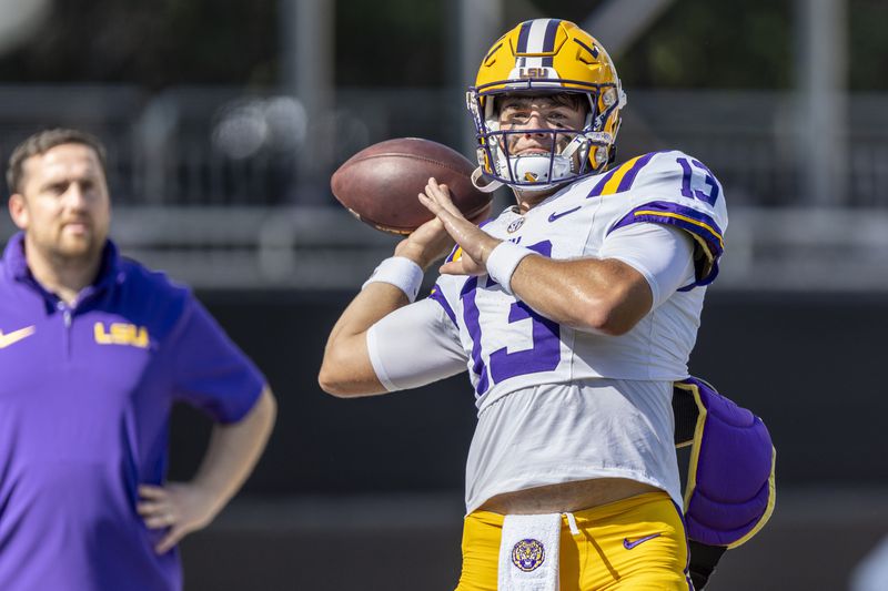 FILE - LSU quarterback Garrett Nussmeier (13) during an NCAA football game, Sept. 16, 2023, in Starkville, Miss. (AP Photo/Vasha Hunt, File)