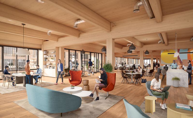 A rendering of the inside of a future timber-framed office building planned at Ponce City Market. Special to the AJC from Neoscape.