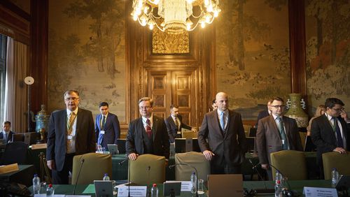 The Russian delegation at the start of PCA Case between Ukraine and the Russian Federation in the Netherlands, Monday, Sept. 23, 2024. (AP Photo/Phil Nijhuis)